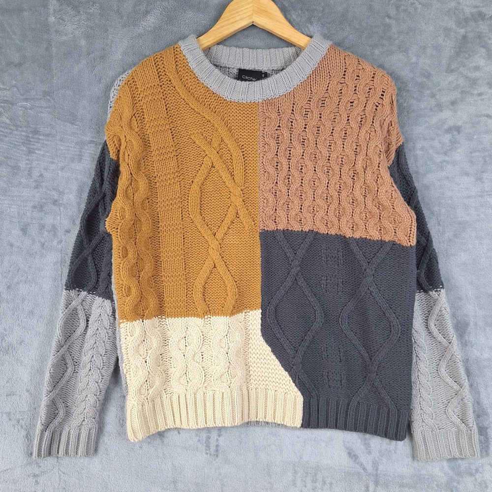 Cable Knit Fisherman Sweater Womens Small Wool Blend Chunky Patchwork Oversized